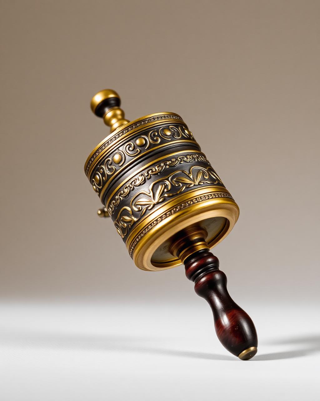 Handheld Tibetan prayer wheel with engraved brass and rosewood handle