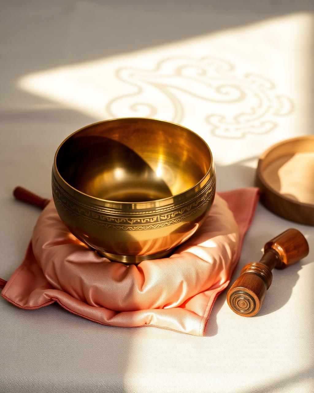Hand-hammered bronze Tibetan singing bowl with silk cushion and wooden mallet